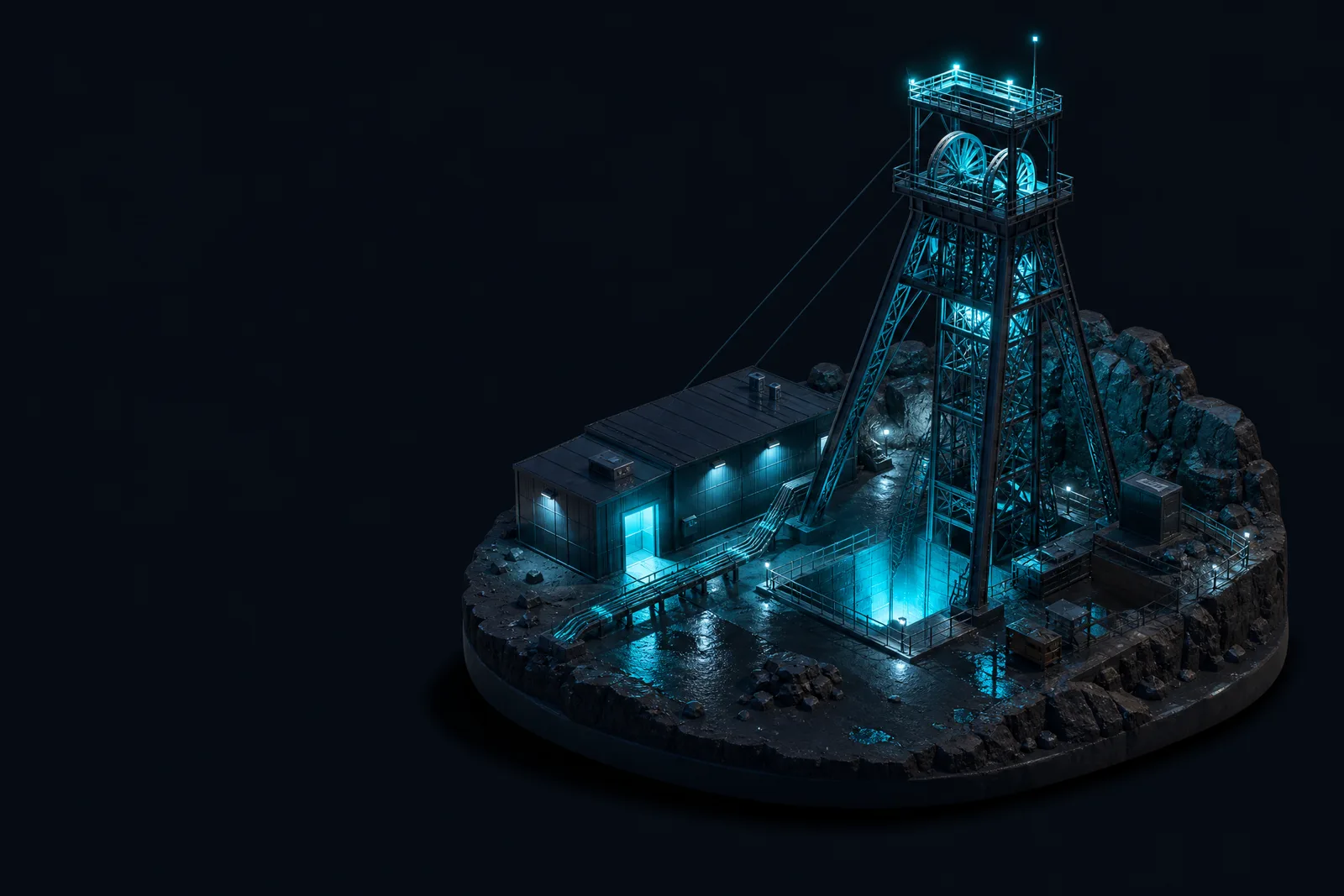 A dark model of a mine headgear tower at night above a lit shaft collar