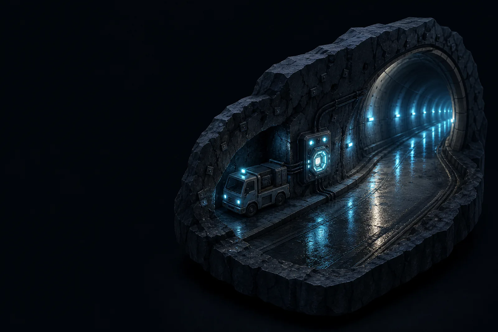 A dark model tunnel with a glowing ruggedised network node on the sidewall