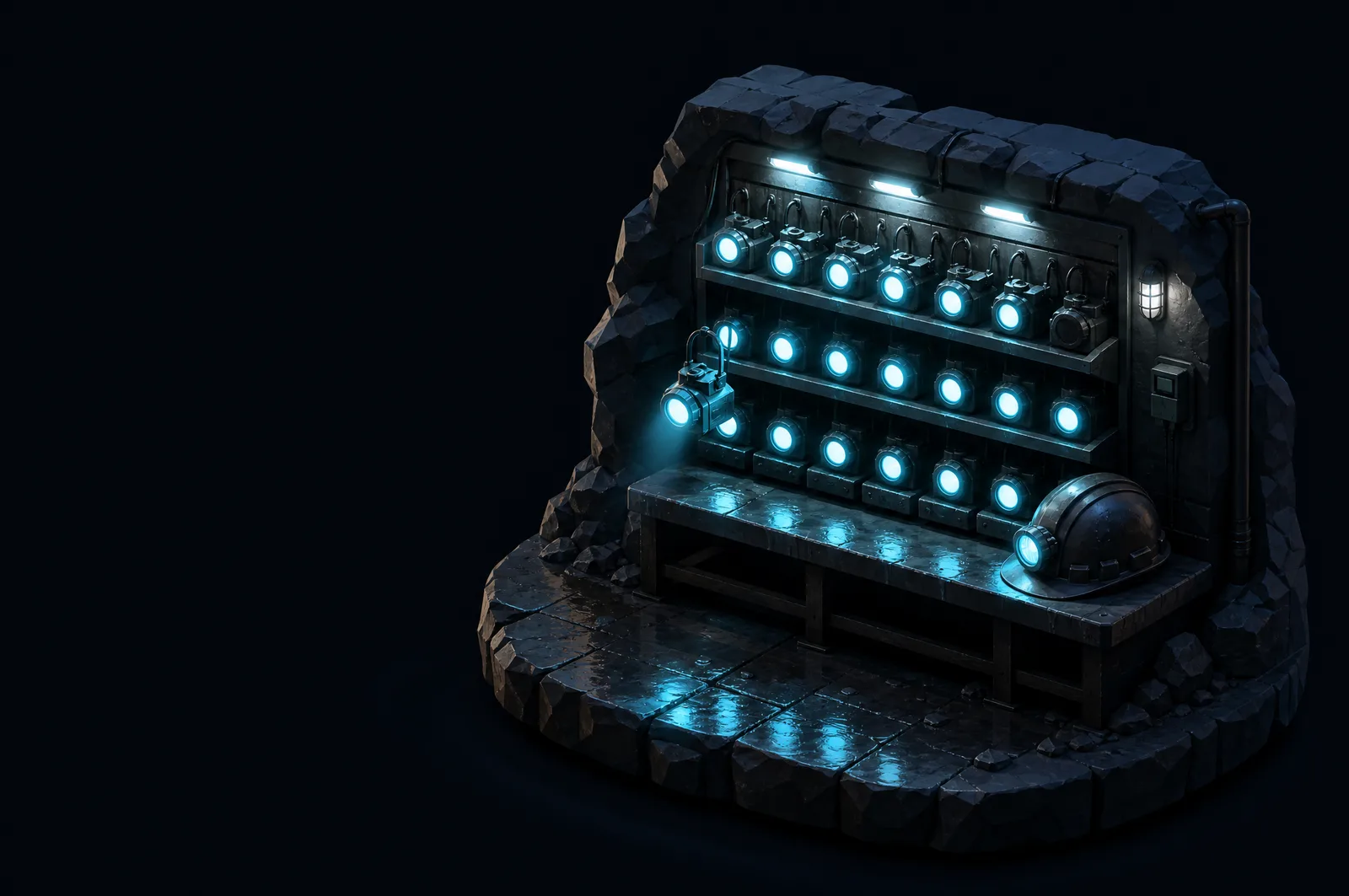 A dark lamp room with a charging rack of glowing miners' cap lamps