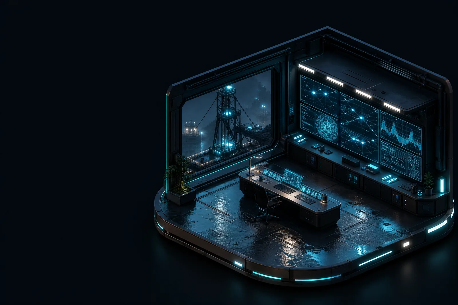 A dark control room whose wall of glowing screens overlooks a mine headgear at night
